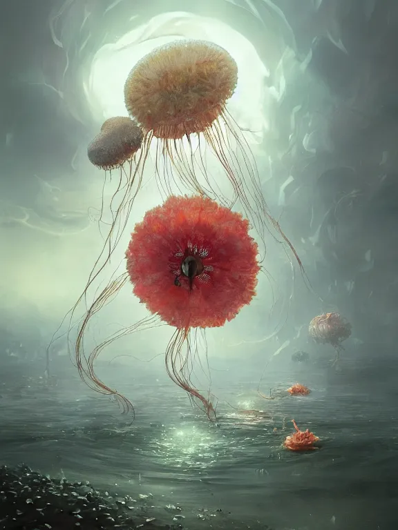 Image similar to a fancy portrait of a giant floating flower and jellyfish by Greg Rutkowski, Sung Choi, Mitchell Mohrhauser, Maciej Kuciara, Johnson Ting, Maxim Verehin, Peter Konig, Bloodborne, beeple, 8k photorealistic, cinematic lighting, HD, high details, atmospheric , trending on artstation. made in Maya, Blender and Photoshop, octane render, excellent composition, cinematic dystopian brutalist atmosphere, dynamic dramatic cinematic lighting, aesthetic, very inspirational, arthouse. y Greg Rutkowski, Ilya Kuvshinov, WLOP, Stanley Artgerm Lau, Ruan Jia and Fenghua Zhong