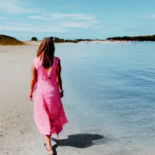 Prompt: woman in a summery pink dress and sunglasses walking away from the beach, sunny day, blue sky, cirrus clouds