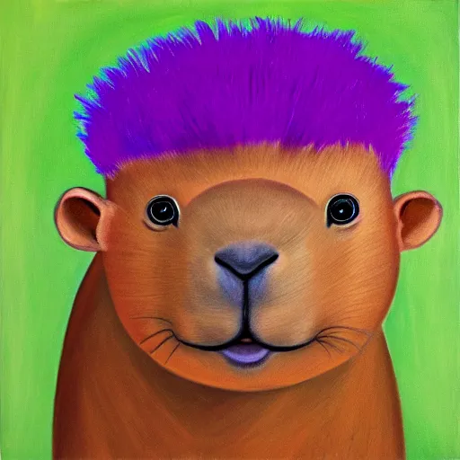 Image similar to painting of a capybara with a purple wig