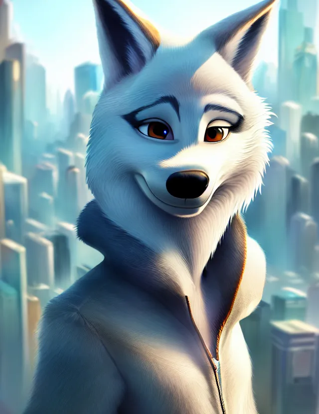 Image similar to portrait of cute male anthropomorphic white wolf in the style of zootopia in cyberpunk city, volumetric light, artstation, concept art, 8 k, high detail, perfect