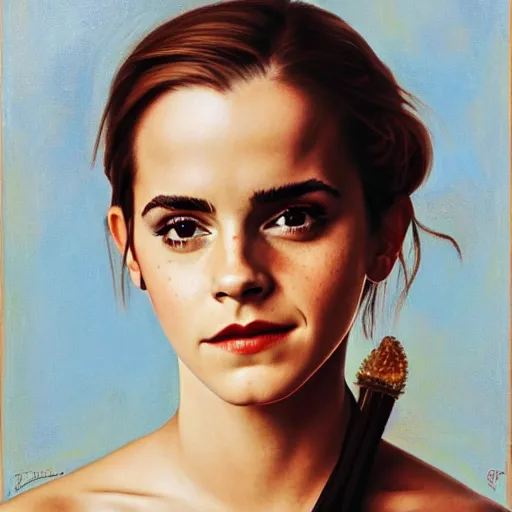 Prompt: Emma Watson at a diner, head and shoulders portrait, extremely detailed masterpiece, Roger Deakin’s cinematography, oil on canvas, Norman Rockwell.