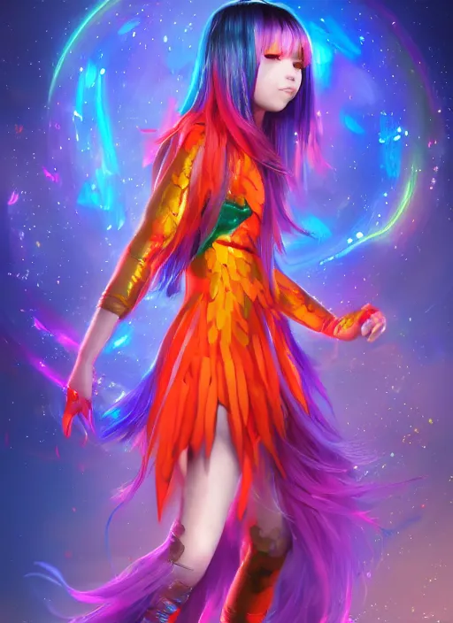 Image similar to teenage rainbow hair asian girl wearing an orange superhero costume, anime digital art, au naturel, hyper detailed, digital art, trending in artstation, cinematic lighting, studio quality, smooth render, unreal engine 5 rendered, octane rendered, art style by klimt and nixeu and ian sprigger and wlop and krenz cushart