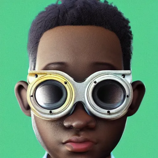 Image similar to colourful vfx portrait - art of a nigerian boy wearing steam punk goggles, art by utagawa kunisada & james jean, digital illustration, digital render, volumetric light, ray tracing, symmetrical, unreal engine, octane 3 d render, sharp, detailed, highly detailed, intricate detail, pinterest, behance, art station,