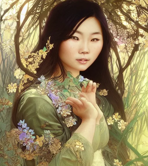 Prompt: beautiful cottagecore Asian woman, intricate, magical forest, stunning, highly detailed, digital painting, artstation, concept art, smooth, sharp, focus, illustration, art by artgerm and greg rutkowski and alphonse mucha