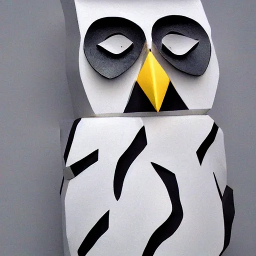 Image similar to cubist sculpture of a white owl black on white