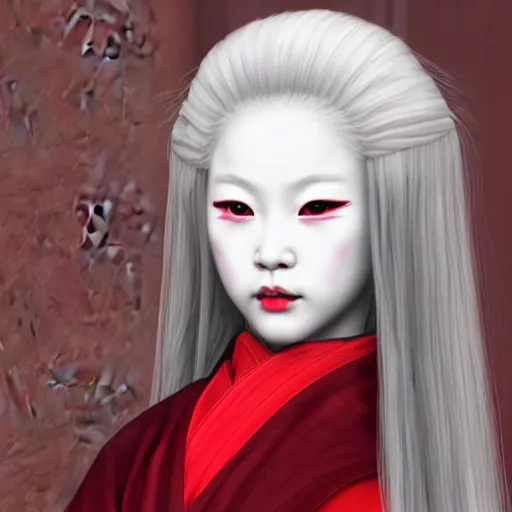 Image similar to young albino kitsune maiko in the style of hiroaki samura, unreal engine octane, red highlights, portrait,detailed,