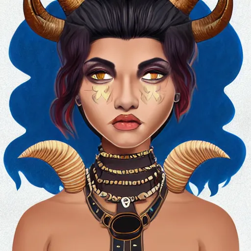 Prompt: illustrated portrait of ram-horned devil woman with blue bob hairstyle and tanned #FFA500 colored skin and with solid black eyes wearing leather by rossdraws