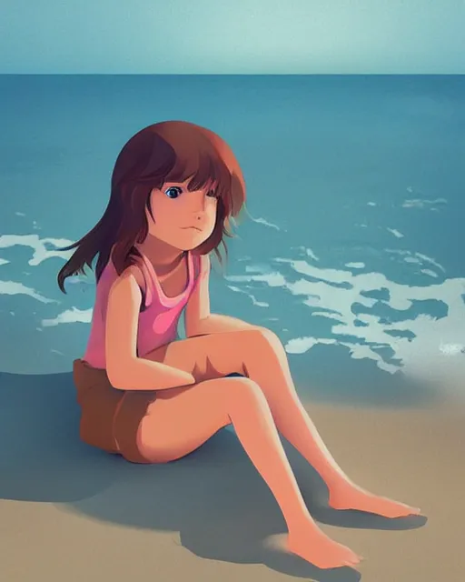 Image similar to a little girl sit beach. clean cel shaded vector art. illustration art by lois van baarle and helen huang and artgerm and makoto shinkai