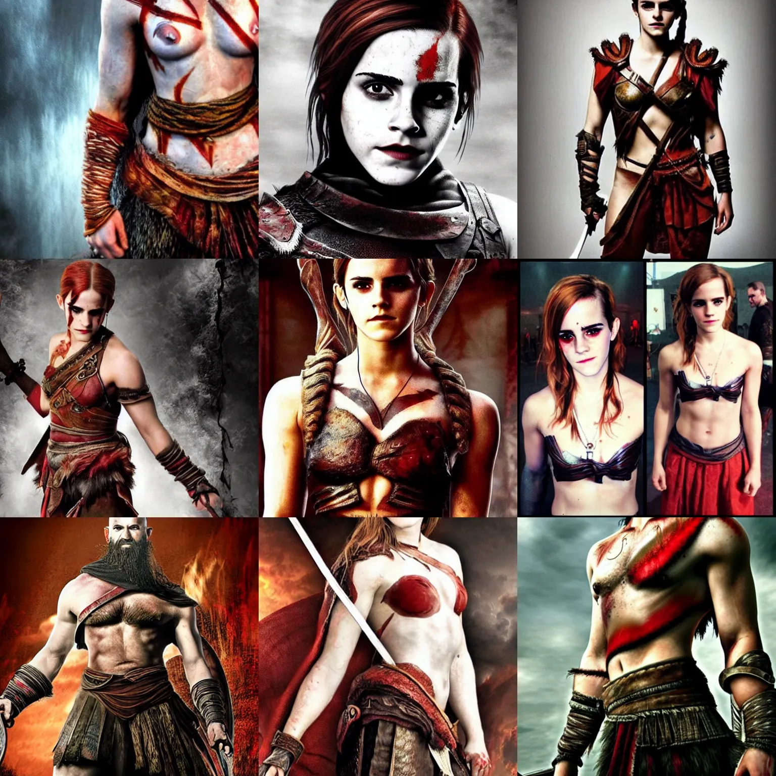 Image similar to Emma Watson as Kratos, brutal