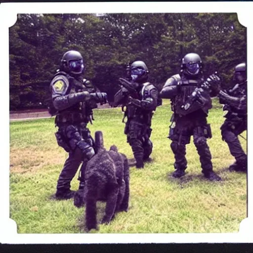 Prompt: Polaroid photo of a SWAT team of furry fursuiters engaging in a training exercise at the FBI Academy in Quantico.