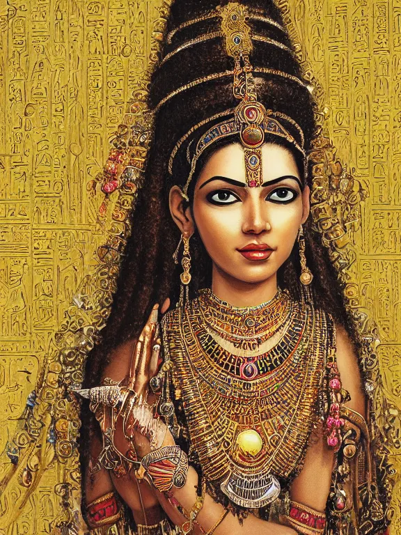 Prompt: a beautiful portrait render of Hinduism lady who has perfect human face and dramatic Ancient Egyptian religion headdress with baroque intricate fractals of jewelry and colorful pearls tassels made of crystal,by Daveed Benito and Billelis and aaron horkey and Nekro and peter gric,artstation,hyperreal,jewelry,gold,maximalist