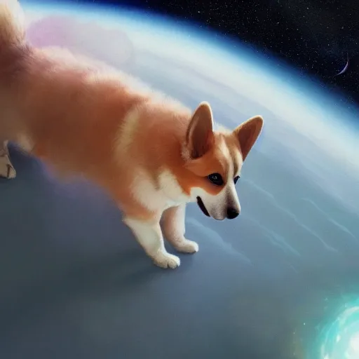 Prompt: a detailed digital painting of a corgi puppy cosmonaut in outer space, beautiful, expansive, dreamy, soft lighting, greg rutkowski, simon stalenhag, ruan jia, trending on artstation