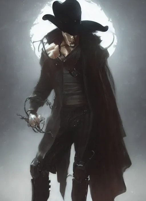 Prompt: a Photorealistic dramatic hyperrealistic render of a male cyborg dressed as a cowboy weaing a long black coat with a black cowboy hat, brilliant white eyes, short white hair,by WLOP,Artgerm,Greg Rutkowski,Alphonse Mucha, Beautiful dynamic dramatic dark moody lighting,shadows,cinematic atmosphere,Artstation,concept design art,Octane render,8K