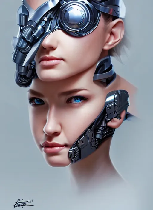 Image similar to portrait of a cyborg woman who turns her head to the ((((right))) left+350 (((up))) (((down))) by Artgerm,eyes closed , biomechanical, hyper detailled, trending on artstation