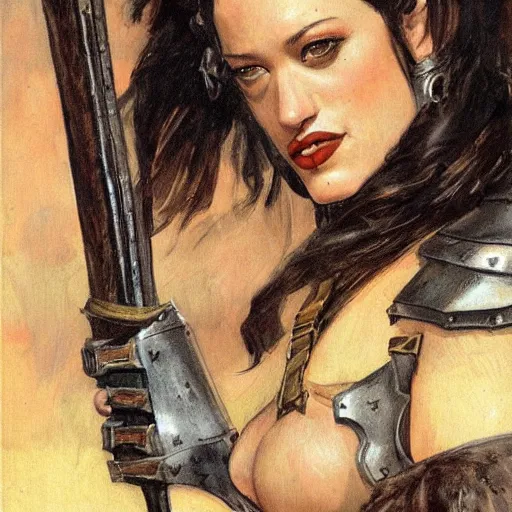 Prompt: portrait of kat dennings wearing armor and holding sword by frank fazetta, fantasy, barbarian