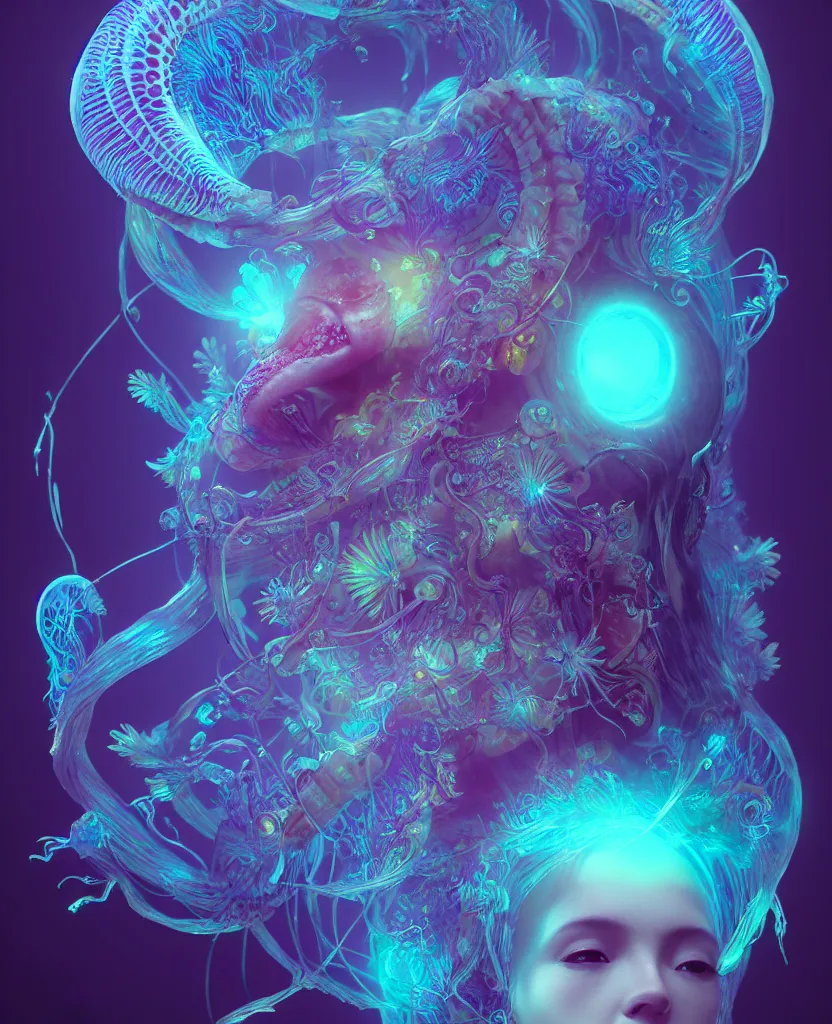 Image similar to goddess close-up portrait. orchid jellyfish phoenix head, nautilus, skull, betta fish, bioluminiscent creatures, intricate artwork by Tooth Wu and wlop and beeple. octane render, trending on artstation, greg rutkowski very coherent symmetrical artwork. cinematic, hyper realism, high detail, octane render, 8k