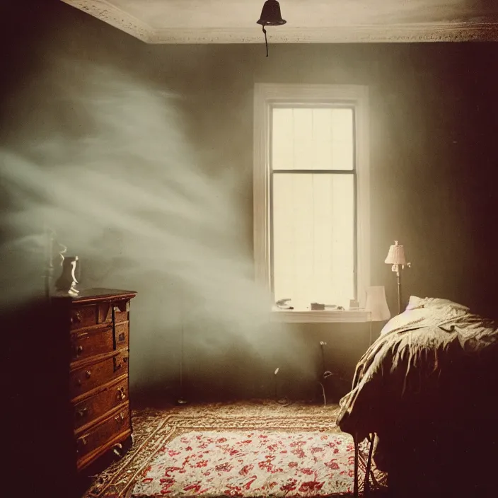 Image similar to kodak portra 4 0 0, wetplate, fisheye, award - winning portrait by britt marling, 1 8 8 0 s bedroom, ghost, picture frames, shining lamps, dust, smoke, 1 8 8 0 s furniture, wallpaper, carpet, books, muted colours, wood, fog, plants, flowers