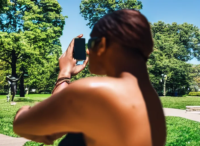 Image similar to photo still of a bronze statue of a woman using an iphone to take a selfie in a park on a bright sunny day, 8 k 8 5 mm f 1 6