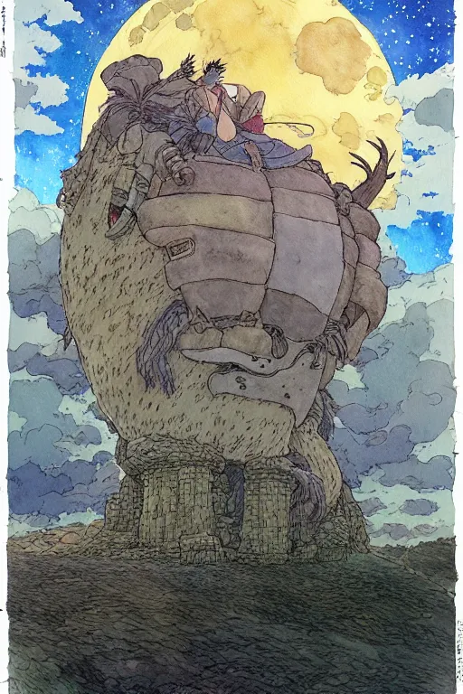 Image similar to hyperrealist studio ghibli watercolor fantasy concept art of a giant from howl's moving castle sitting on stonehenge like a chair. it is a misty starry night. by rebecca guay, michael kaluta, charles vess