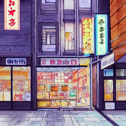 Prompt: Tokyo storefronts facade watercolors in the style Mateusz Urbanowicz,Albert Kiefer, digital art painting artstation global illumination GI AAA SSS