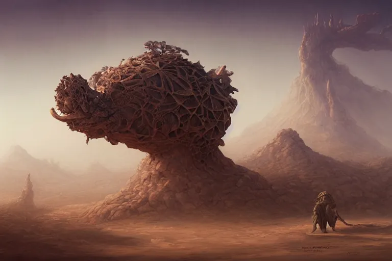 Image similar to a detailed matte painting of a distant alien desert rose creature by peter mohrbacher, ernst haeckel, desert mirage, flower, mist, cinematic lighting, post apocalyptic, cgsociety.