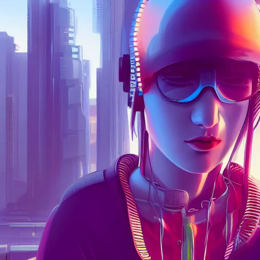 Image similar to a close up of a person with a city in the background, cyberpunk art by Ilya Kuvshinov, cgsociety, photorealism, ilya kuvshinov, cityscape, digital painting