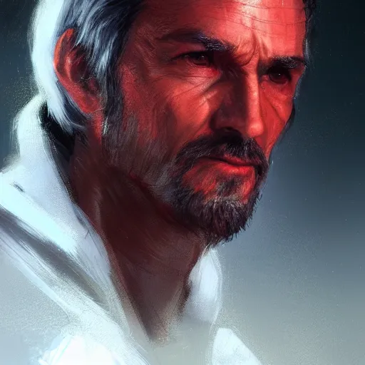 Prompt: portrait of a man by greg rutkowski, jedi emperor roan fel, short black hair, star wars expanded universe, he is about 5 0 years old, elegant, prideful, wearing red jedi armor, highly detailed portrait, digital painting, artstation, concept art, smooth, sharp foccus ilustration, artstation hq