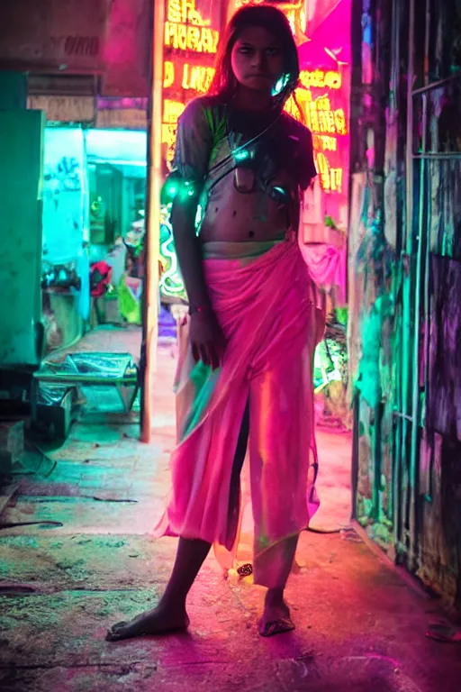 Image similar to cyberpunk sri lankan girl, neon lights in the background, portrait photograph, 35mm lens