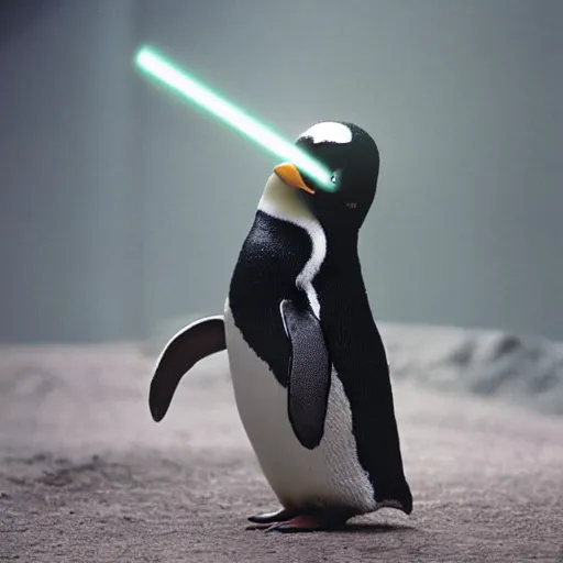 Image similar to the jedi penguin, penguin wearing jedi robes and holding a lightsaber