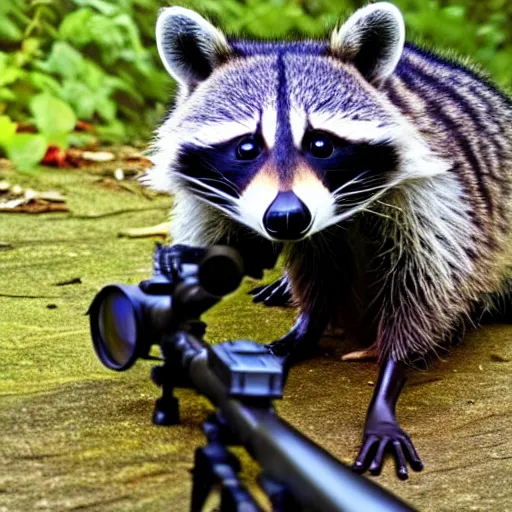 Image similar to raccoon with a sniper rifle, photo, detailed, 4 k