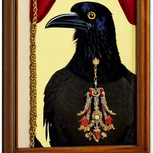 Image similar to a highly detailed painting of a raven dressed in an elegant embroidered vest, using a golden tudor necklace, in a room with thick red tapestries, by hans holbein