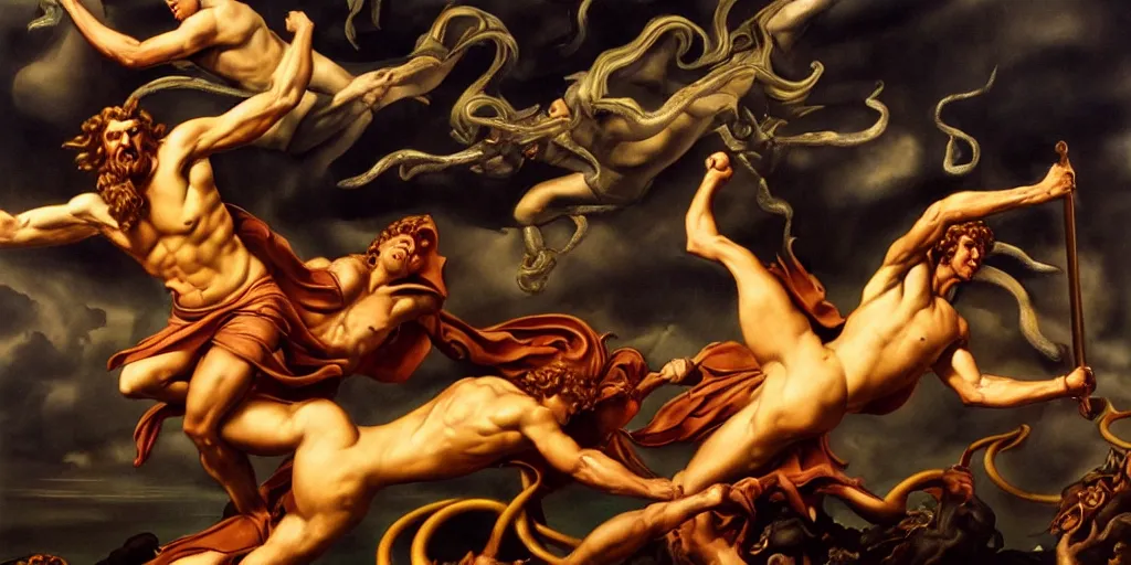 Image similar to Heracles slaying the Lernaean Hydra, by Rolf Armstrong and Evelyn De Morgan, dramatic lighting, high contrast colors, baroque, empyrean, panoramic view, as trending on Artstation, highly detailed, doom engine,