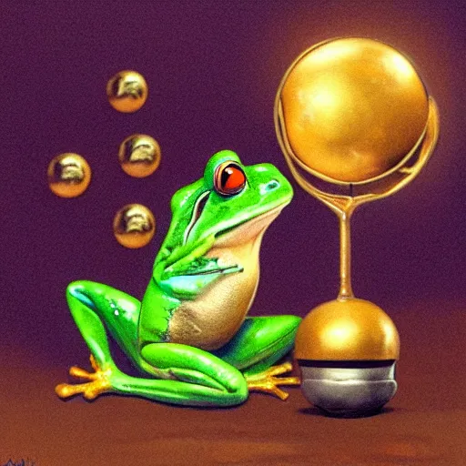 Image similar to a cute frog throws golden metal balls into a cup of coffee, by esao andrews, by m. w. kaluta, volumetric light, rich colors, very humorous oil painting, realistic reflections, smooth, concept art, depth perception, high depth of field, 4 k, unreal engine 5, ultradetailed, hyperrealistic, artstation