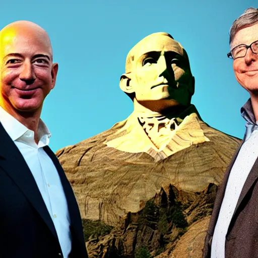 Prompt: jeff bezos elon musk and bill gates carved in mount rushmore, award winning photography, 8 k, golden hour