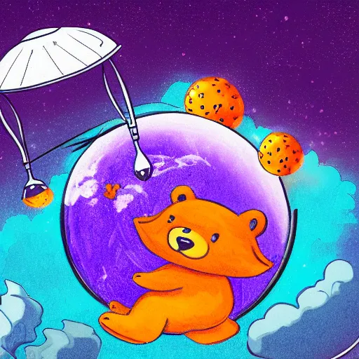 Image similar to cartoon illustration of a bear mascot being launched from a futuristic marble planet, purple and orange cloudland