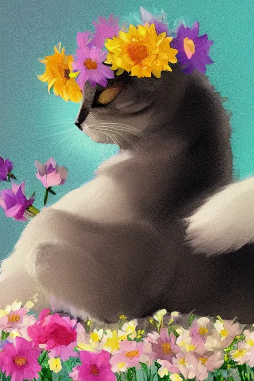 Prompt: a digital art of a cat sleeping in the room with flowers around in the afternoon, the sun shines in, storybook art, detailed, cute, profile shot, featured on artstation