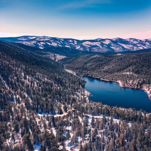 Image similar to Tilt Shift Photography, Big Bear Lake California, Ariel drone shot, 8k