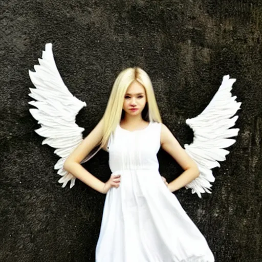 Prompt: of teenage angel with long blonde hair and white dress