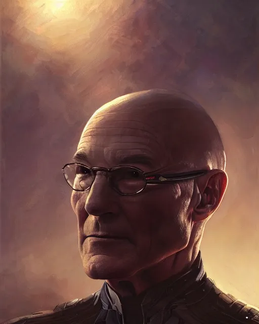 Prompt: a highly detailed portrait of Sir Patrick Stewart as Captain America, by greg rutkowski and android jones in a surreal portrait style, oil on canvas, ancient cyberpunk 8k resolution, masterpiece