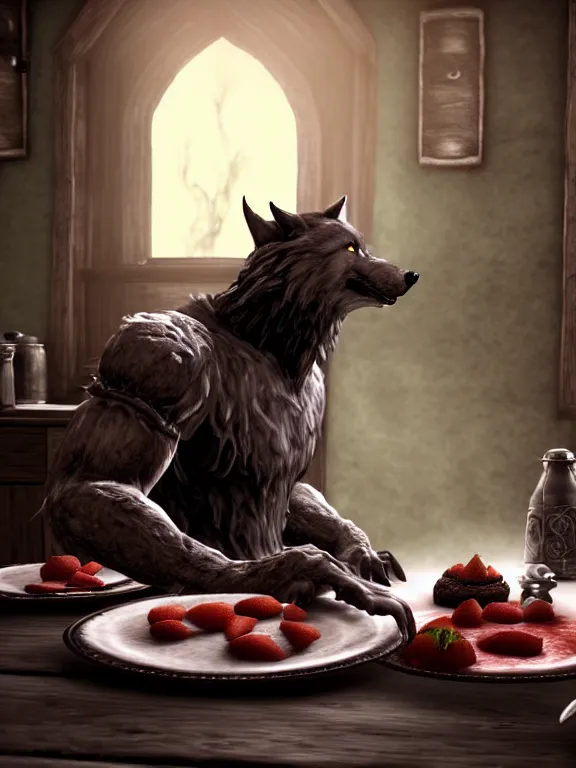 Prompt: cute handsome cuddly burly surly relaxed calm timid werewolf from van helsing sitting down at the breakfast table in the kitchen of a normal country home cooking having fun lighthearted whimsy whimsical baking strawberry tart cakes unreal engine hyperreallistic render 8k character concept art masterpiece screenshot from the video game the Elder Scrolls V: Skyrim