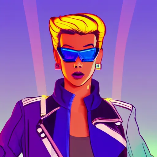 Prompt: sombra from overwatch with light blue shutter shades in front of a sunset, a dark brown leather jacket, one side brown haircut with blue tips on the end, vector art by jan tengnagel, pixabay contest winner, retrofuturism, retrowave, synthwave, outrun, portrait, synthwave