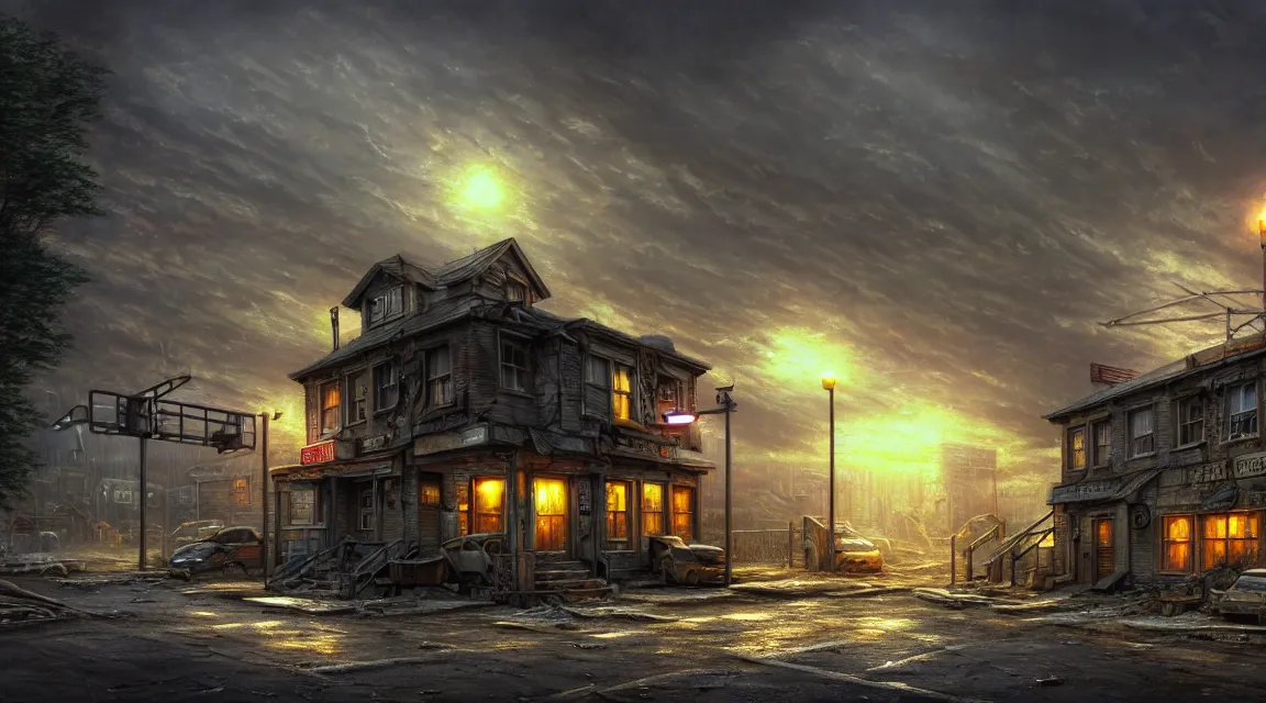 Prompt: highly detailed photography of a post - apocalyptic police station, in the style of patrick commercy and thomas kinkade, photorealistic, trending on artstation, organic architecture, hyperrealistic landscape, building, street