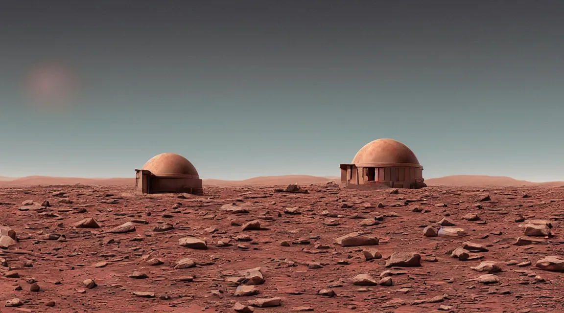 Image similar to stunning large format photograph, beautiful cinematic close detailed perspective of an abandoned domed nasa martian outpost, on mars, scattered debris, reddish brown color scheme, smooth clear blue sky, in the style of jeff wall, hazy sunlight, crisp details, visual effects and composite by ILM, 10k with post-processing