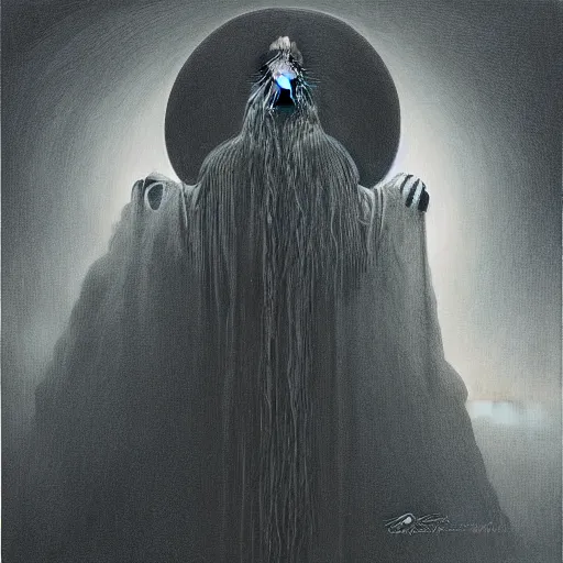 Prompt: Zdzisław Beksiński painting of a wizard