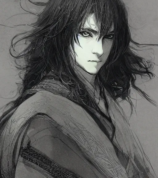 Image similar to portrait of anime boy with long hair wearing a dark robe, pen and ink, intricate line drawings, by craig mullins, ruan jia, kentaro miura, greg rutkowski, loundraw