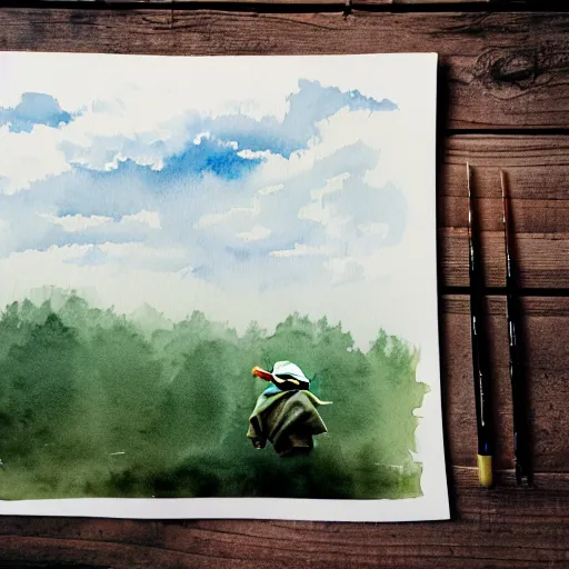 Image similar to view from above, shot from 5 0 feet distance, baby yoda on a well lit path in a dimly lit forest. dramatic clouds, setting sun, watercolor and ink, muted color. minimalist, detailed ue 5