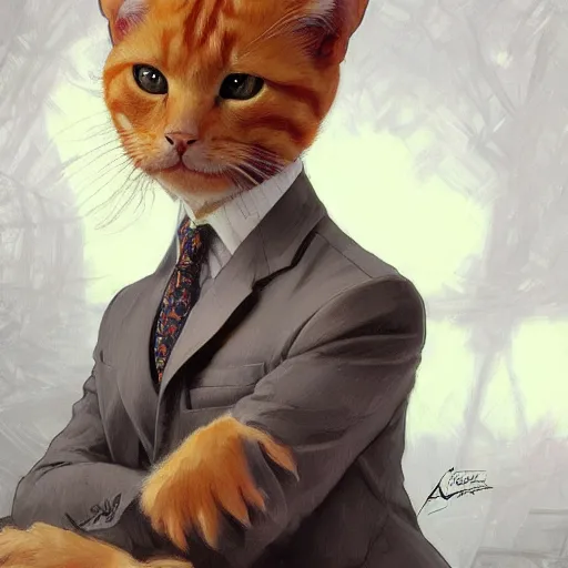 Prompt: ginger cat in a business suit, artists portrait, fantasy, highly detailed, digital painting, concept art, sharp focus, depth of field blur, illustration, art by artgerm and greg rutkowski and alphonse mucha