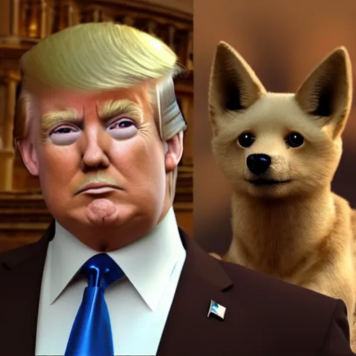 Image similar to Doge with donald trump body, realistic artstyle, wide shot, dramatic lighting, octane render, hyperrealistic, high quality, highly detailed, HD, beautiful, cinematic, 8k, unreal engine, facial accuracy, symmetrical