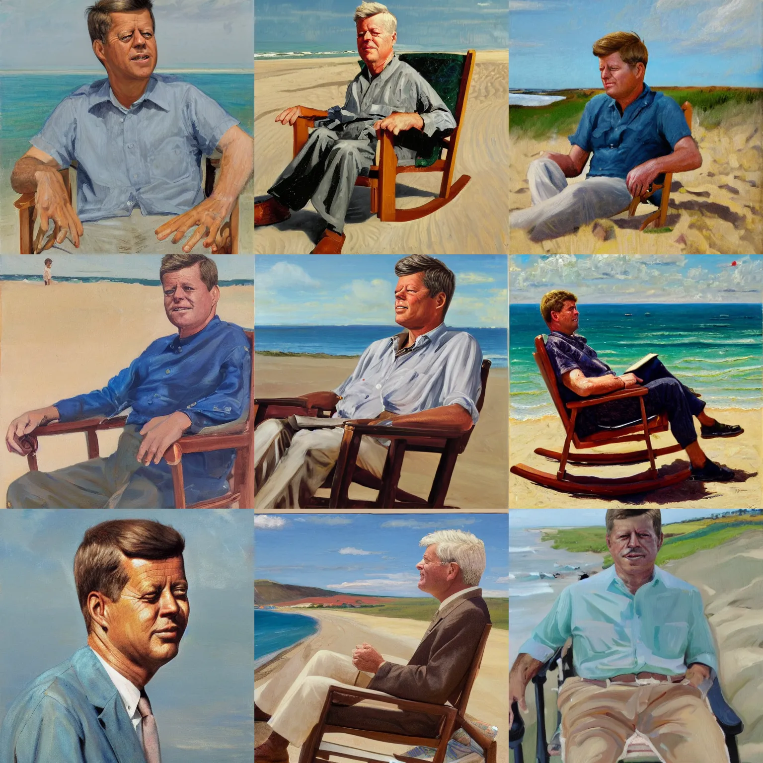 Prompt: portrait of john f kennedy, wrinkled, grey hair sitting on rocking chair, landscape of nantucket beach, dunes, ocean, bluff, handsome, hawaiian shirt, oil on canvas by william sidney mount - 1 9 8 2, trending on artstation