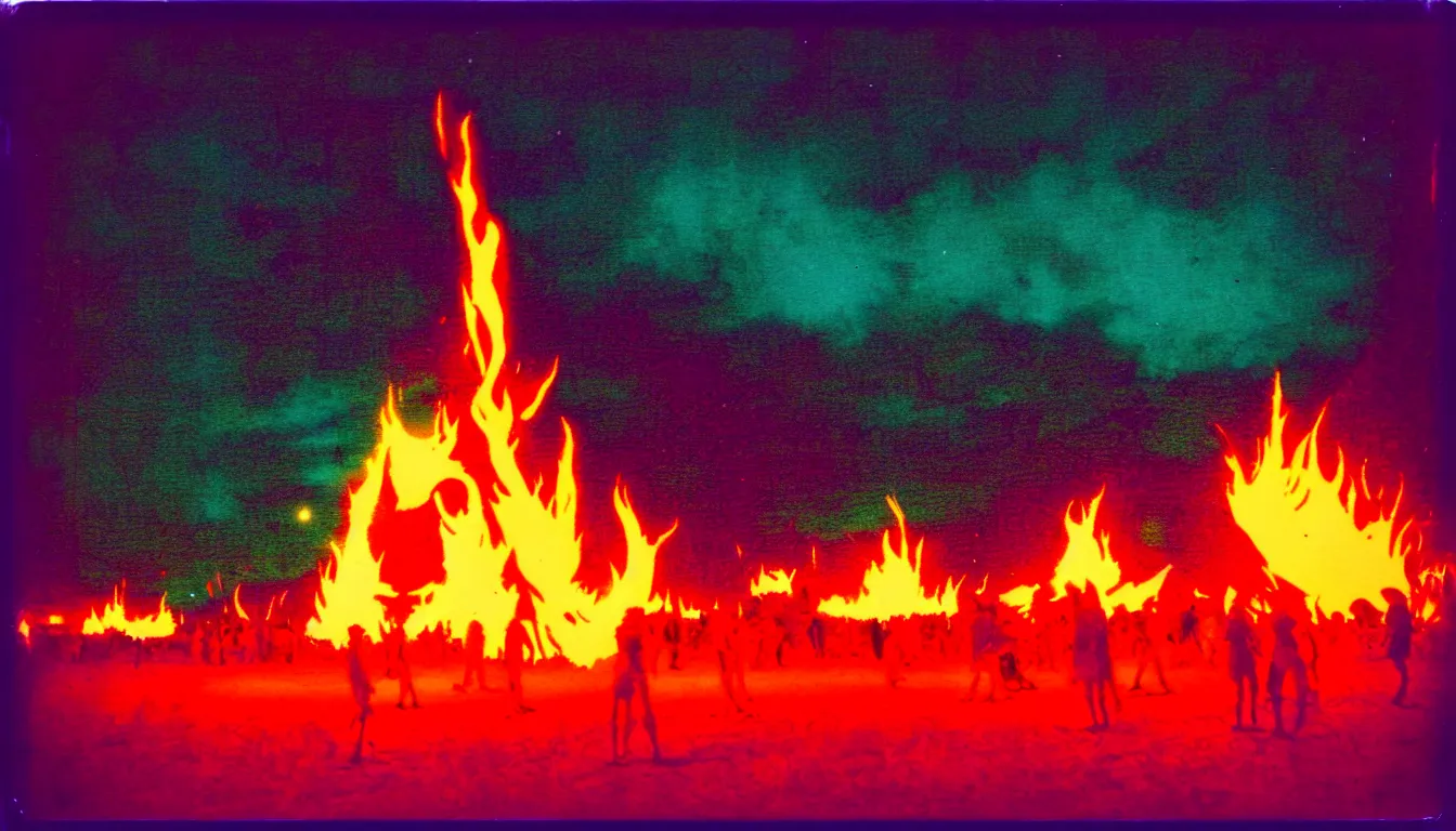 Image similar to colorful instant photograph of burning man at night, polaroid, light leak, raw, nostalgic